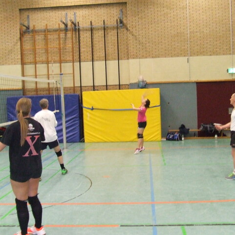 Vier Personen spielen Volleyball in einer Sporthalle, der Ball fliegt &uuml;ber das Netz in Richtung einer Spielerin in Pink.