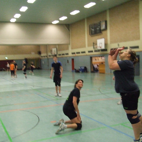 Eine Volleyballspielerin hebt den Ball zum Aufschlag, w&auml;hrend andere Spieler im Hintergrund agieren.
