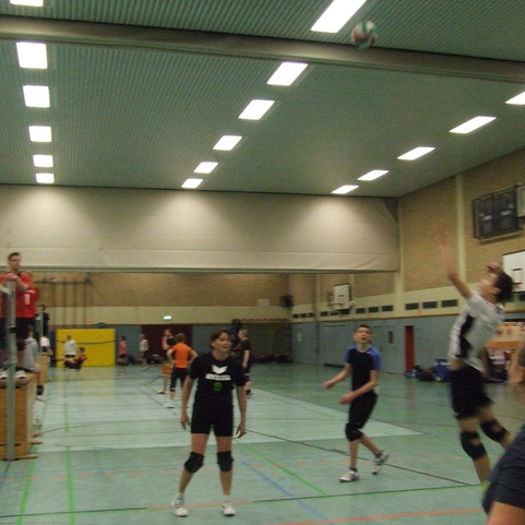 Volleyballspiel in einer Sporthalle mit Spielern, die sich auf dem Feld positionieren und einen Ball an die Decke schlagen.