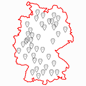 Karte von Deutschland mit roten Umrissen und mehreren Standorten, gekennzeichnet durch schwarze Markierungen.