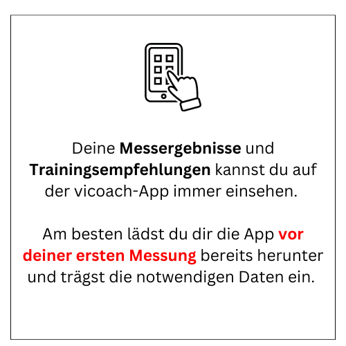 Illustration mit einem Smartphone, das eine App zeigt, und Text zu Messwerten und Trainingsempfehlungen.
