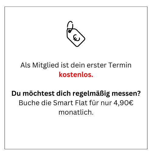 Grafik mit einem Preisetikett und Text: "Erster Termin kostenlos. Regelmäßig messen mit der Smart Flat für 4,90€ monatlich."