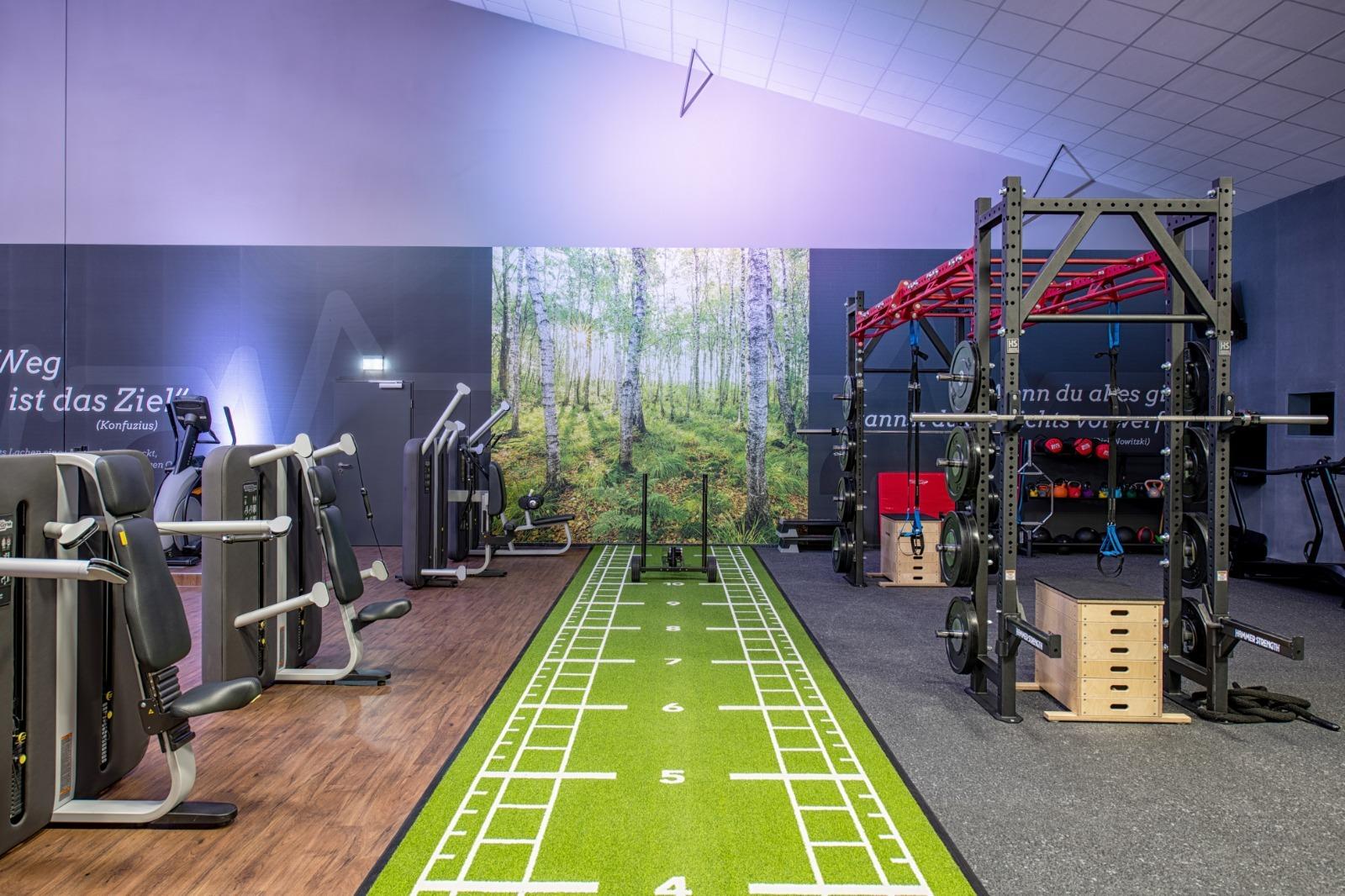 Fitnessstudio mit gr&uuml;ner Trainingsfl&auml;che, Kraftger&auml;ten und Wandmotiven von W&auml;ldern.