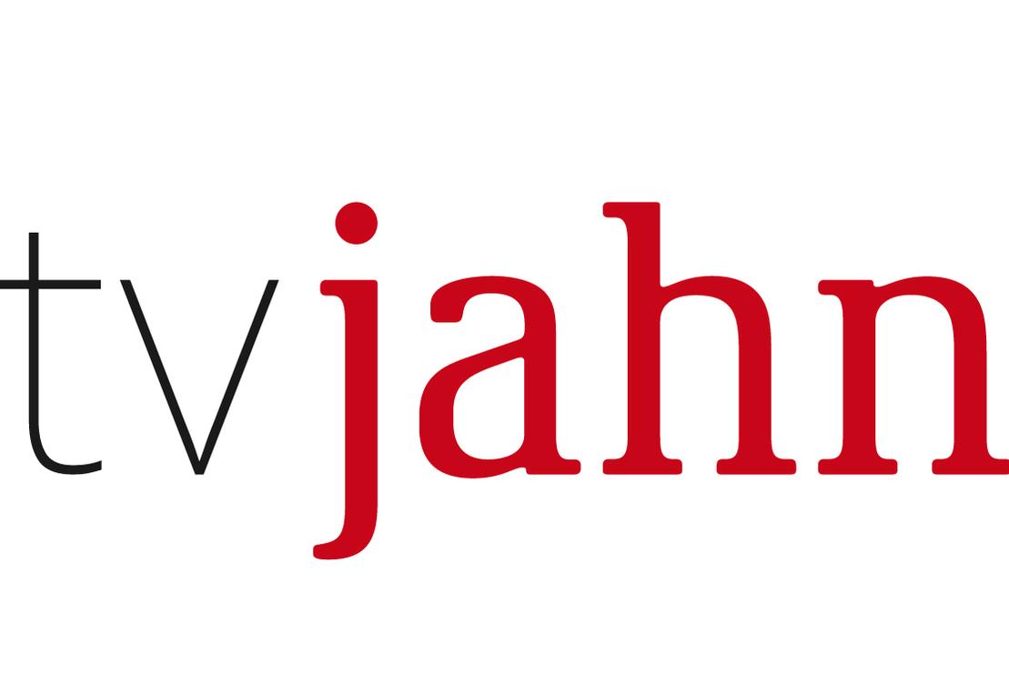 Logo der Sportvereinigung "tv jahn" mit rotem Schriftzug auf wei&szlig;em Hintergrund.