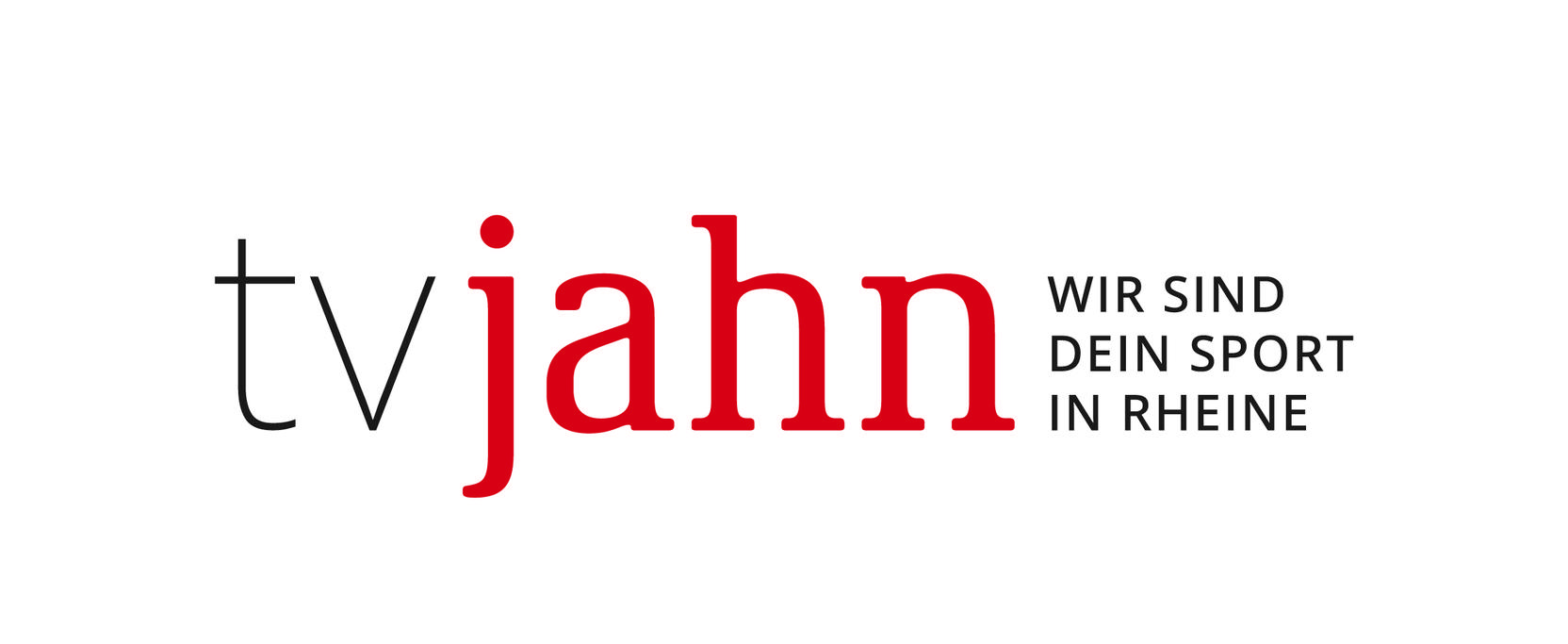Logo von TV Jahn mit dem Slogan &bdquo;Wir sind dein Sport in Rheine&ldquo; in roter und schwarzer Schrift.