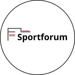 Logo des Sportforums, bestehend aus schwarzem Schriftzug auf wei&szlig;em Hintergrund mit grafischen Elementen in Rot.