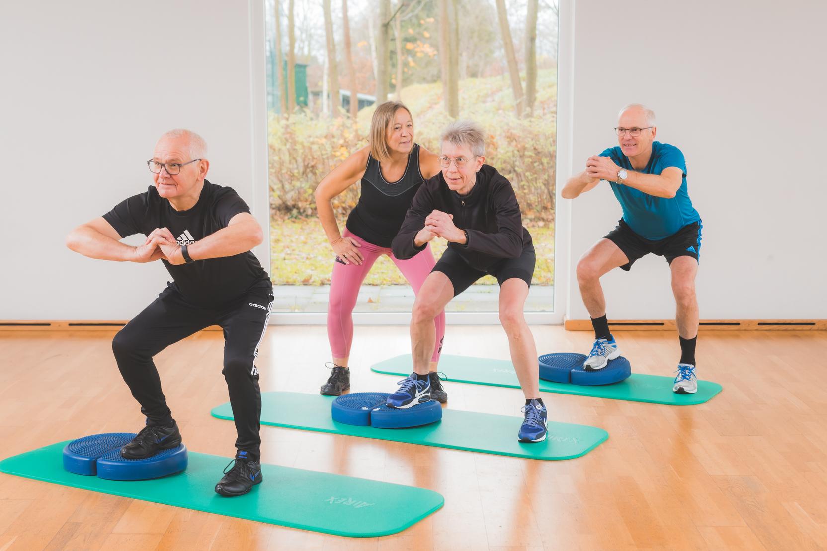 Vier Personen in Sportkleidung f&uuml;hren &Uuml;bungen auf blauen Balance-Pads auf gr&uuml;nem Bodenbelag in einem hellen Raum aus.