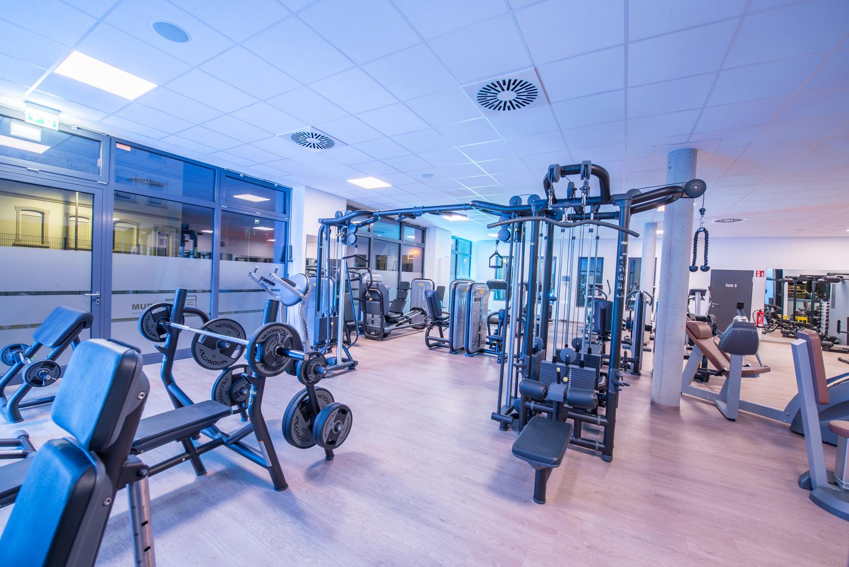 Moderne Fitnessstudio mit verschiedenen Trainingsger&auml;ten und Hanteln in einem hellen, gut beleuchteten Raum.