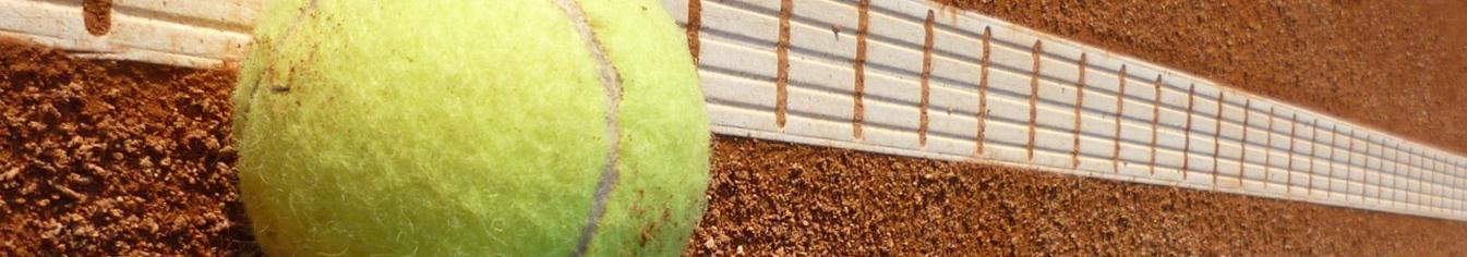 Nahaufnahme eines Tennisballs neben einem wei&szlig;en Netz auf einem Sandtennisplatz.