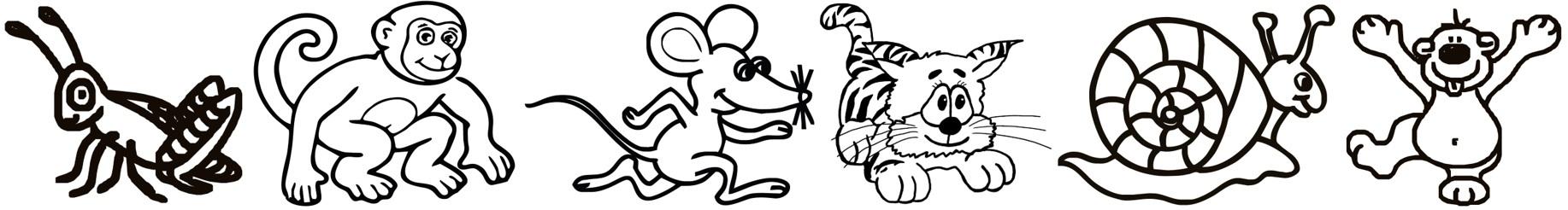 Sechs einfache Tierillustrationen: eine Grille, ein Affe, eine Maus, eine Katze, eine Schnecke und ein B&auml;r.