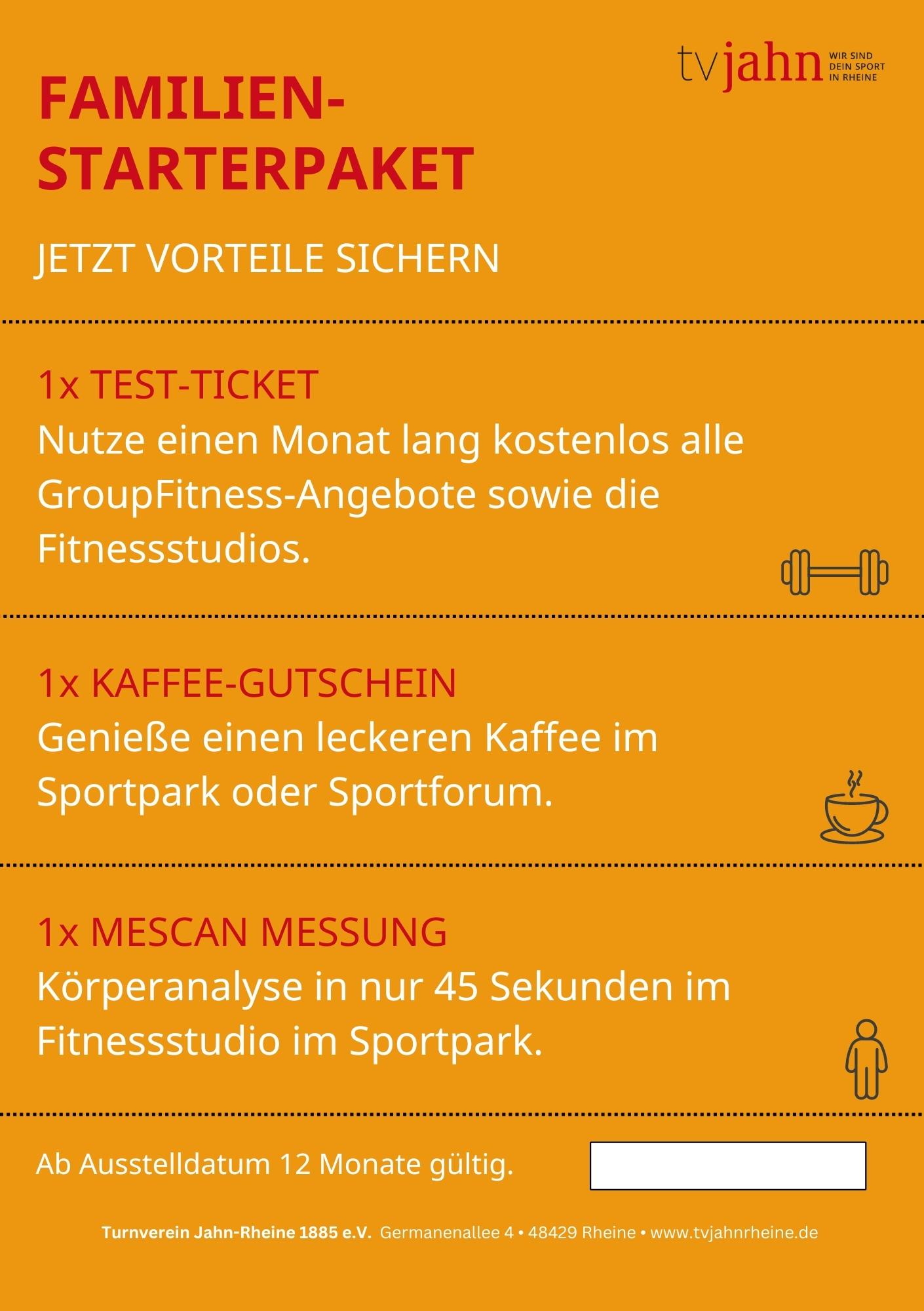 Auf orangefarbenem Hintergrund steht eine Übersicht über das Familien-Starterpaket mit Vorteilen und Angeboten.