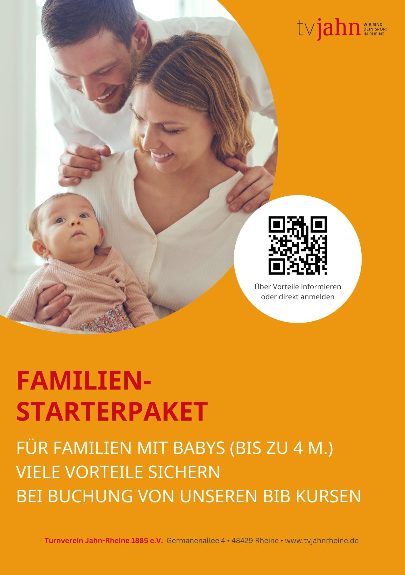 Familien mit Baby lächeln gemeinsam, während sie Informationen über das Familien-Starterpaket lesen. Orangefarbener Hintergrund.