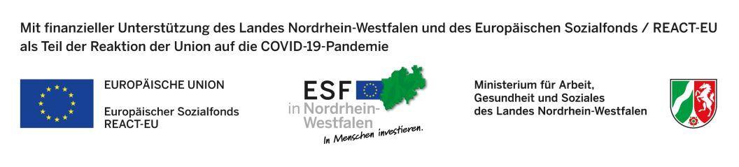 Logo-Anordnung von EU, ESF und Ministerium mit Text zur finanziellen Unterst&uuml;tzung in der Corona-Pandemie in Nordrhein-Westfalen.