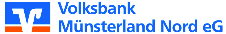 Logo der Volksbank M&uuml;nsterland Nord eG in Blau und Orange mit stilisiertem &bdquo;V&ldquo; und Schriftzug.