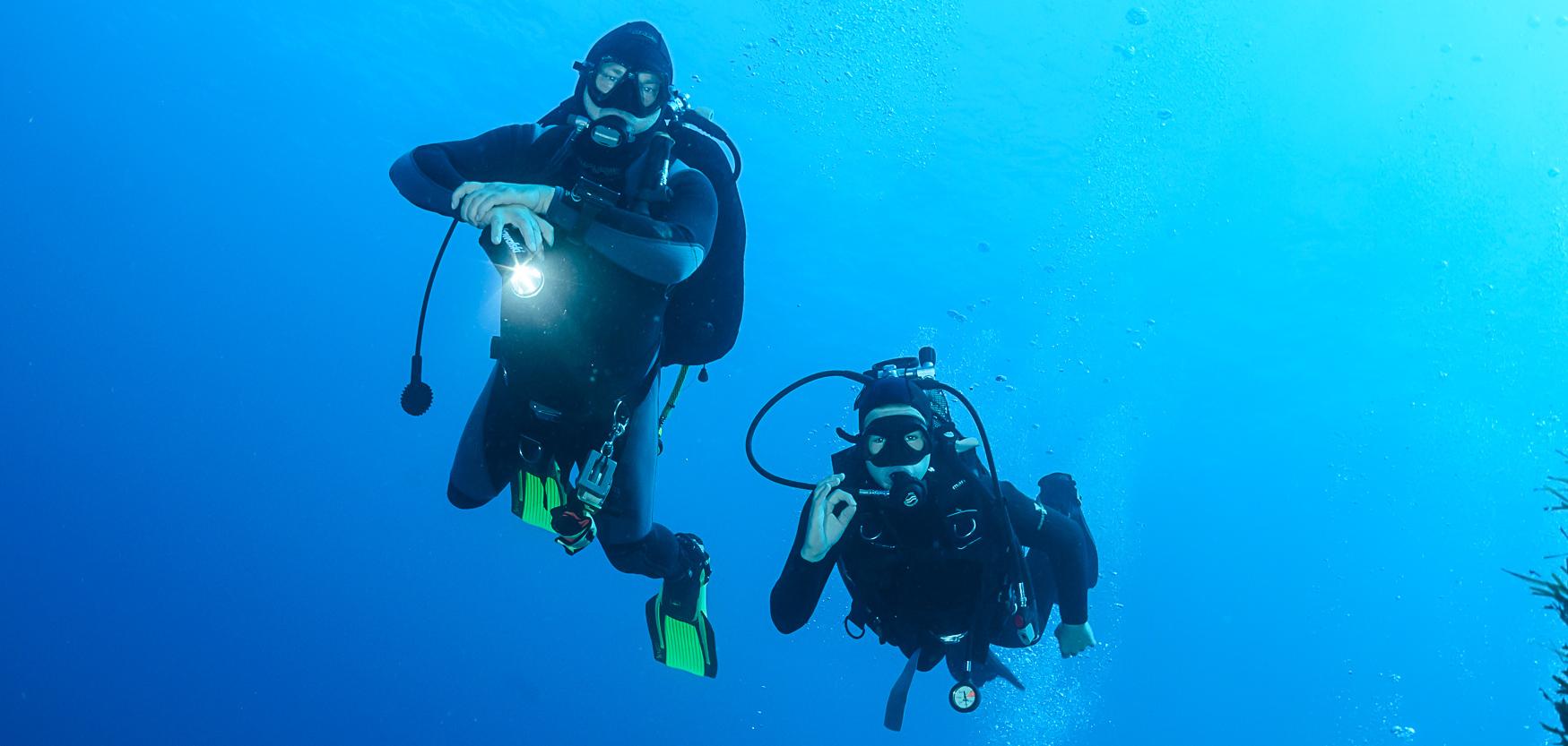 Vier Taucher mit Ausr&uuml;stung und Taschenlampen schwimmen unter Wasser in einer blauen Unterwasserlandschaft.