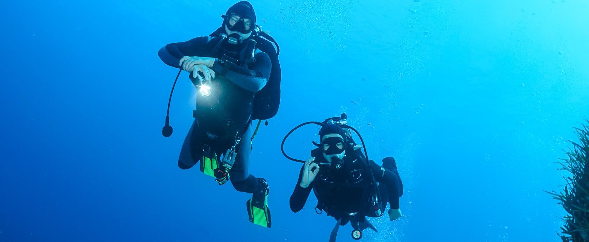 Vier Taucher mit Ausr&uuml;stung und Taschenlampen schwimmen unter Wasser in einer blauen Unterwasserlandschaft.