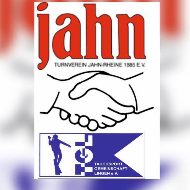 TVJahnTGL Logo des Turnvereins Jahn-Rheine mit Handschlag-Motiv und Logo der Tauchsportgemeinschaft Lingen e.V. in blau-weißer Farbgestaltung.