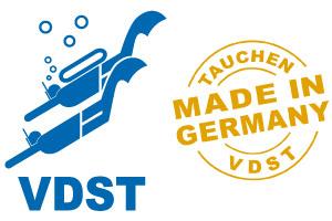 Logo des VDST mit Tauchern und der Aufschrift "Made in Germany" in orange.