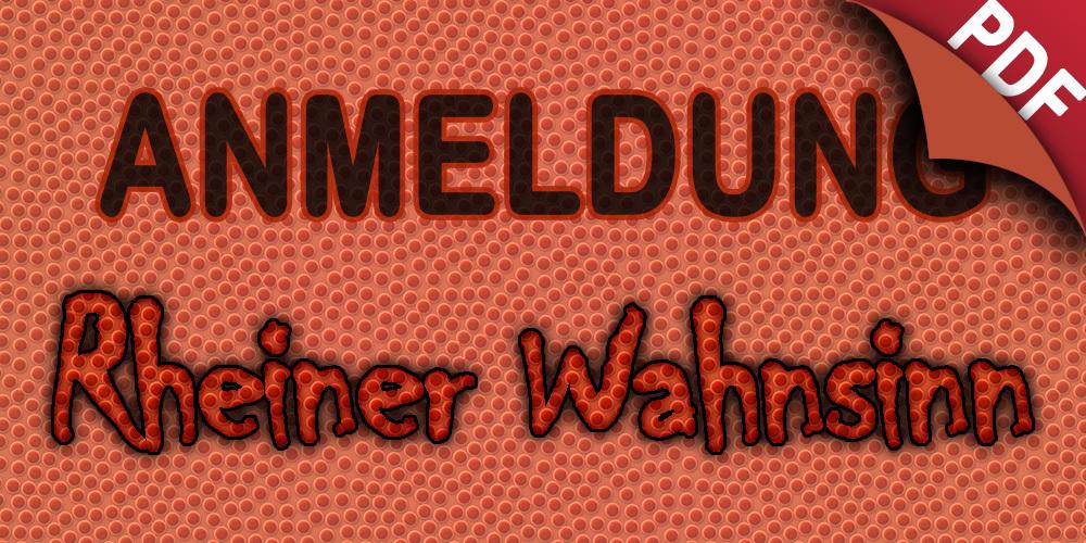 Grafik mit dem Titel &bdquo;ANMELDUNG&ldquo; und &bdquo;Rheiner Wahnsinn&ldquo; auf strukturiertem, orangen Hintergrund, oben rechts mit PDF-Ecke.