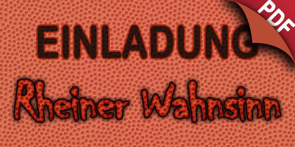 Einladung zu "Rheiner Wahnsinn" auf orangefarbener, strukturierten Hintergrund mit PDF-Ecke.