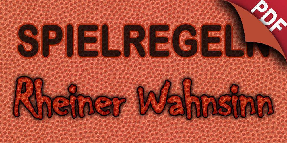 Grafik mit dem Titel "Spielregeln" und dem Text "Rheiner Wahnsinn", Hintergrund in orange mit blasenartigem Muster. PDF-Archivsymbol.