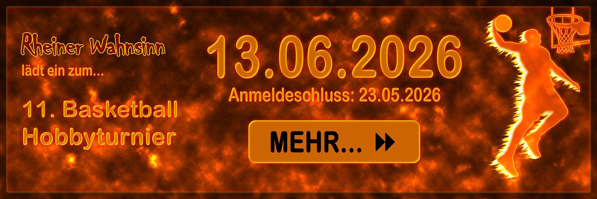Banner für ein Basketball-Hobbyturnier am 13.06.2026 mit Anmeldeschluss am 23.05.2026. Basketballspieler in Aktion.