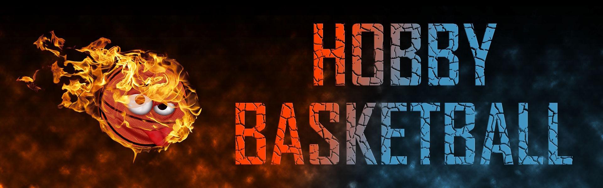 Brennender Basketball mit Augen und Text "HOBBY BASKETBALL" in blauem und orangefarbenem Hintergrund.