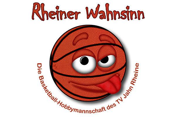Logo der Basketball-Hobbymannschaft „Rheiner Wahnsinn“ mit einer kurrligen, cartoonhaften Basketball-Illustration.