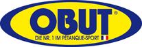 Logo von OBUT mit gelbem ovalem Hintergrund und der Aufschrift &bdquo;OBUT&ldquo; sowie dem Slogan &bdquo;DIE NR. 1 IM P&Eacute;TANQUE-SPORT&ldquo;.