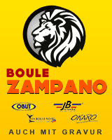 Logo von Boule Zampano mit einem stilisierten L&ouml;wenkopf auf gelbem Hintergrund und verschiedenen Markenlogos darunter.