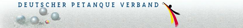 Logo des Deutschen Petanque Verbands mit Spielkugeln und einer stilisierten Spielfigur in den Farben der deutschen Flagge.