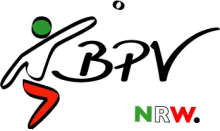 Logo des BPV NRW mit stilisierter Figur in Aktion, gr&uuml;nem Kopf, rotem Bein und Schriftzug in Schwarz und Gr&uuml;n.