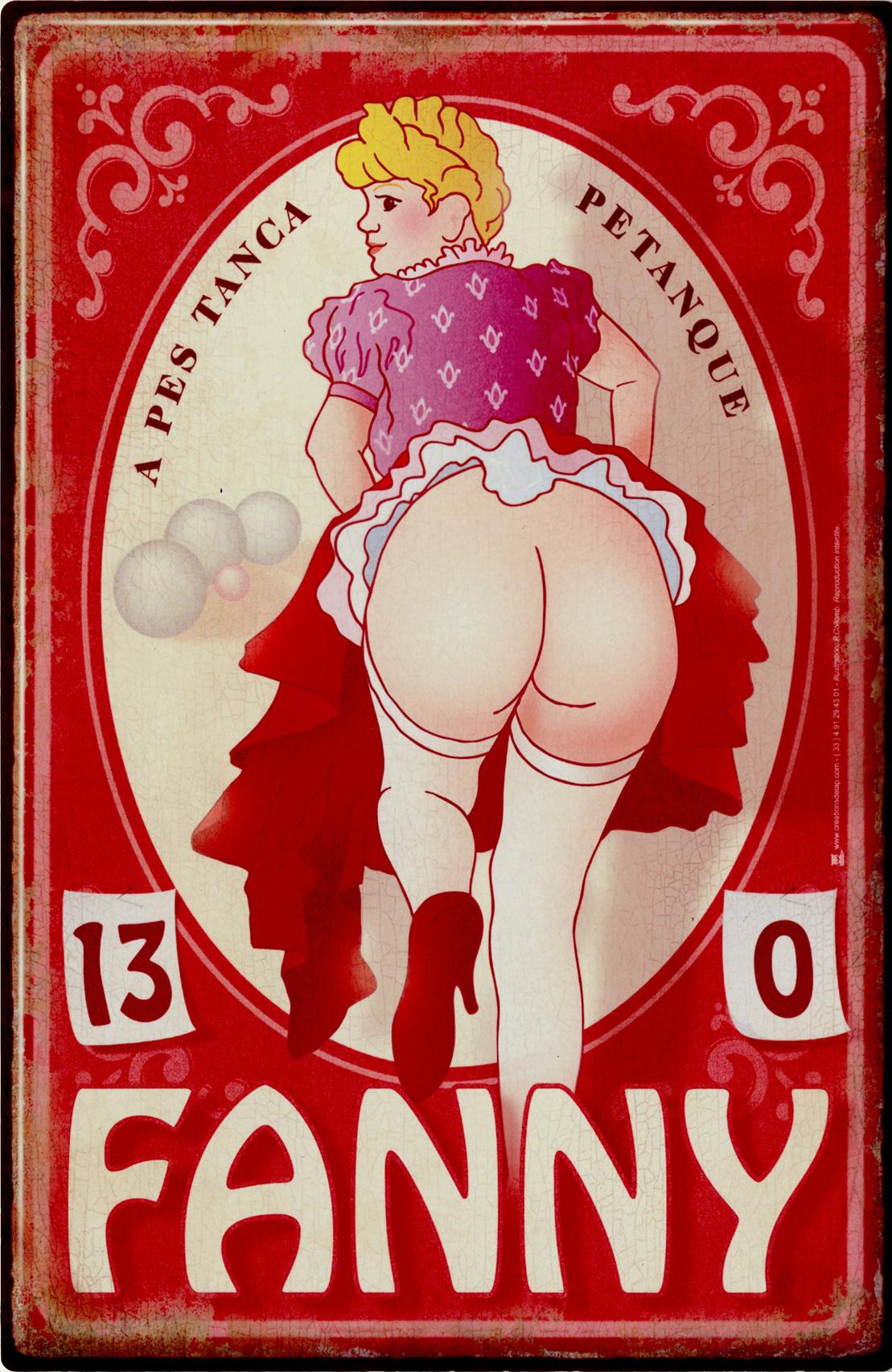 Grafik mit der Aufschrift &bdquo;FANNY&ldquo;, einer Frau im Kleid von hinten und drei Petanque-Kugeln auf rotem Hintergrund.