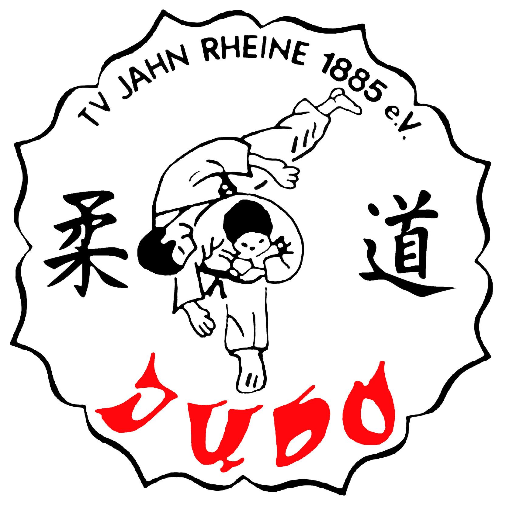 Logo des TV Jahn Rheine 1885 e.V. mit Judo-Symbol und den Schriftzügen „Judo“ in rot sowie Kanjis.