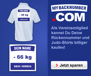 Blaues Werbebanner für personalisierte Judo-Shirts mit Info zu Gewichtsangaben und Vereinsname.