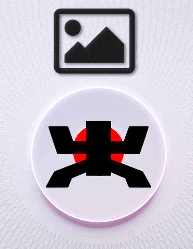 Rundes Logo mit schwarzem Symbol und rotem Kreis auf wei&szlig;em Hintergrund, umgeben von einem neonfarbenen Lichtkreis.