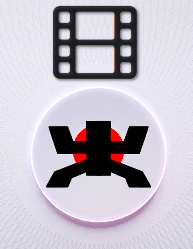 Schwarzes Logo auf wei&szlig;em Hintergrund mit rotem Kreis und Filmstreifen-Symbol dar&uuml;ber.