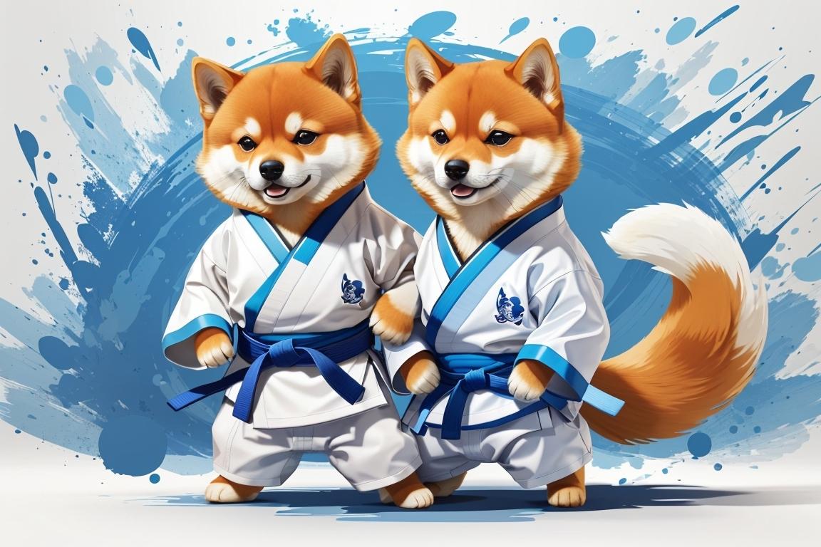 Zwei Shiba Inu Hunde in Karateanz&uuml;gen stehen l&auml;chelnd vor einem blauen splatterartigen Hintergrund.
