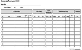 Anmeldeformular 2025 mit Spalten f&uuml;r Teilnehmer, Lehrgang, Kyu-Pr&uuml;fung, &Uuml;bernachtung und Geb&uuml;hren.