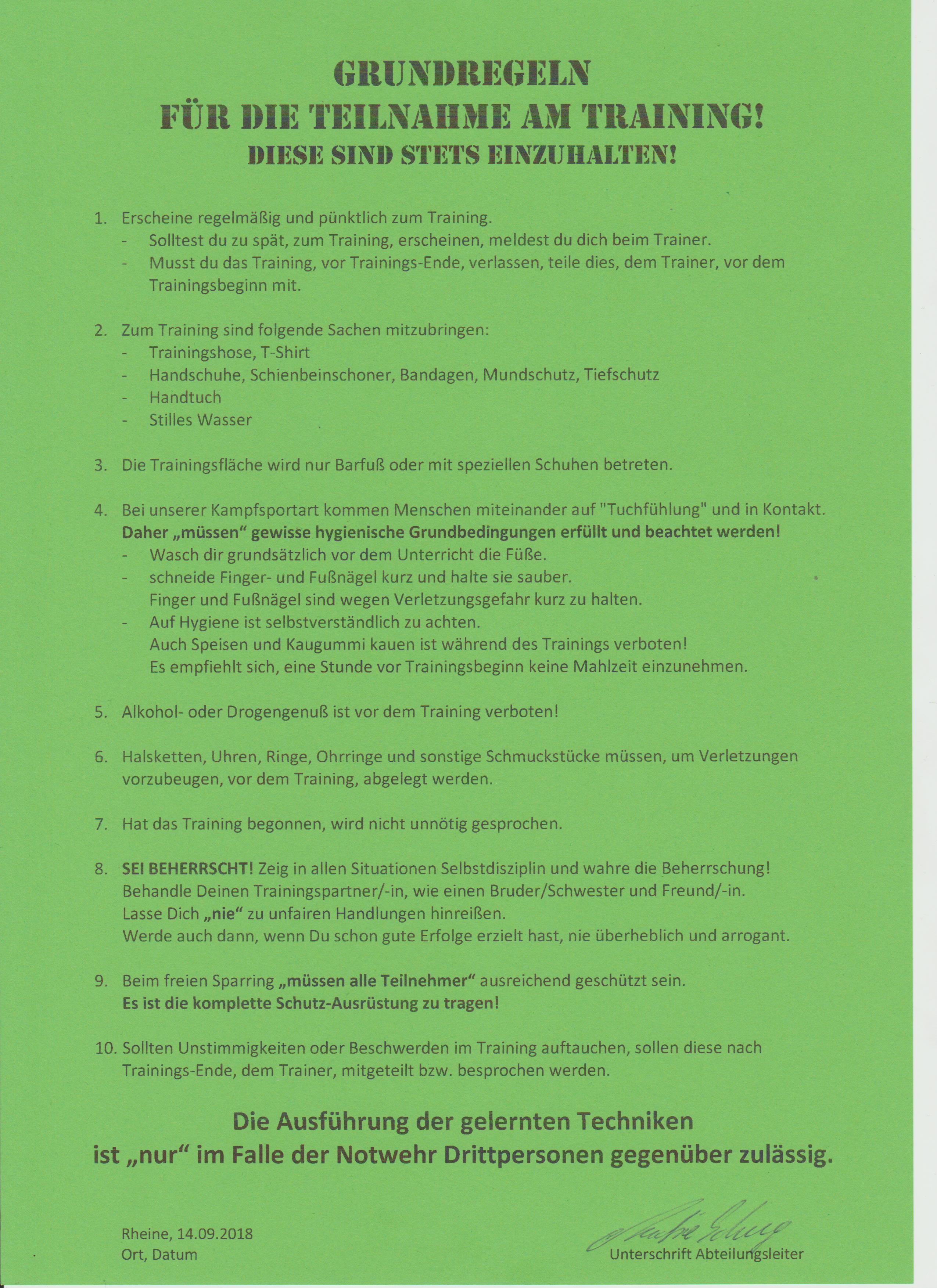 Gr&uuml;ne A4-Seite mit Trainingsregeln, nummerierte Punkte zu Teilnahme, Ausr&uuml;stung und Verhaltensweisen.
