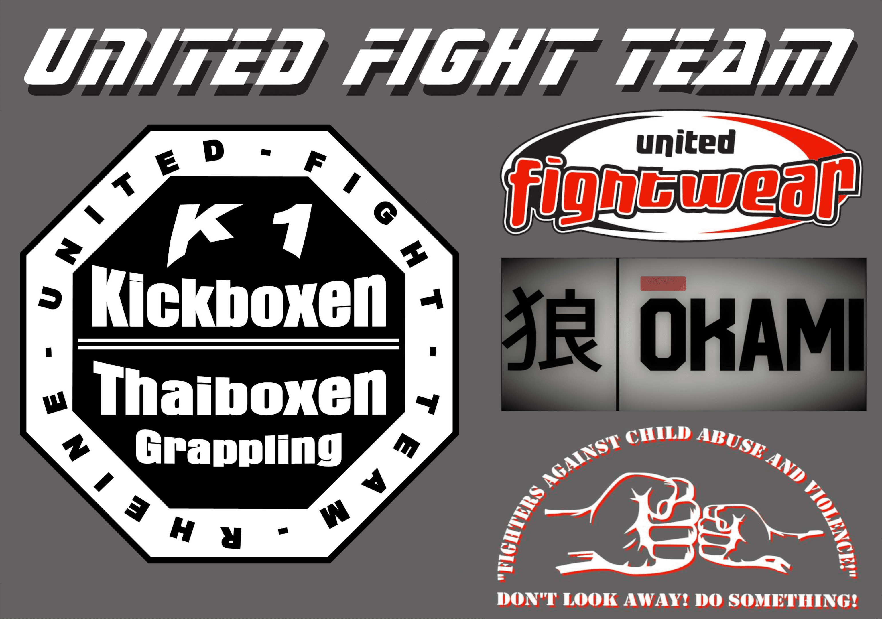 Logo des &bdquo;United Fight Team&ldquo; mit den Sportarten Kickboxen, Thaiboxen und Grappling sowie einem Hinweis gegen Kindesmissbrauch.