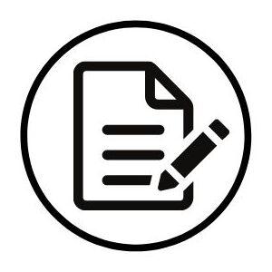 Icon eines Blattes mit Text und einem Stift, umgeben von einem runden Rahmen.