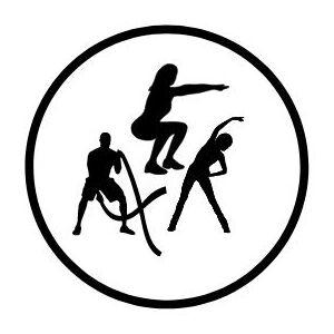 Symbol mit drei stilisierten Sportlern, die verschiedene &Uuml;bungen ausf&uuml;hren, in einem runden Rahmen.
