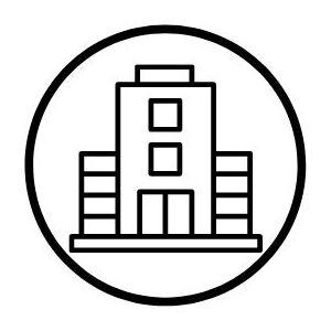 Minimalistische Graf ik eines B&uuml;rogeb&auml;udes in einem runden Rahmen.