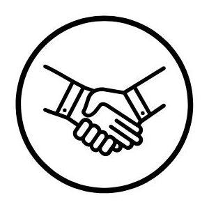 Grafische Darstellung zweier sich sch&uuml;ttelnder H&auml;nde in einem runden Rahmen.