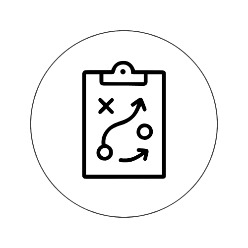 Grafische Darstellung eines Strategieschemas auf einem Notizblock mit Pfeilen und Symbolen, die Bewegungen anzeigt.