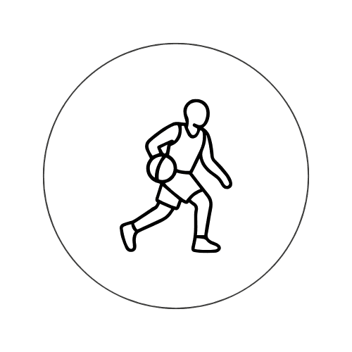 Linienstilisierte Darstellung einer Person, die dynamisch Sport treibt, umgeben von einem runden Rahmen.