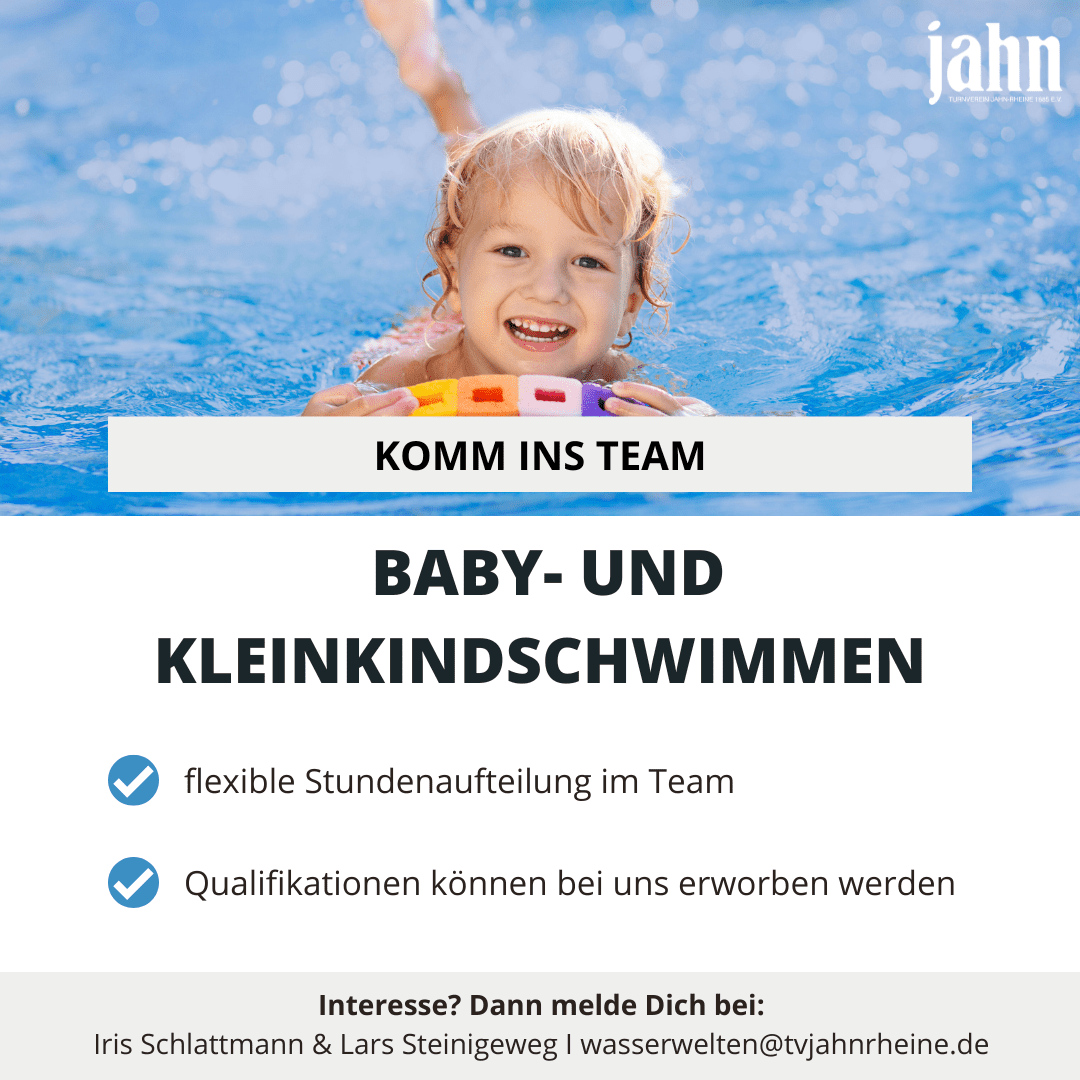 Kind mit Schwimmhilfe im Wasser, umgeben von Blau, mit Informationen zu Baby- und Kleinkindschwimmen.