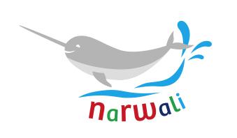 Grafik eines Narwals mit Spritzern, darunter der Schriftzug „narwali“ in bunten Buchstaben.