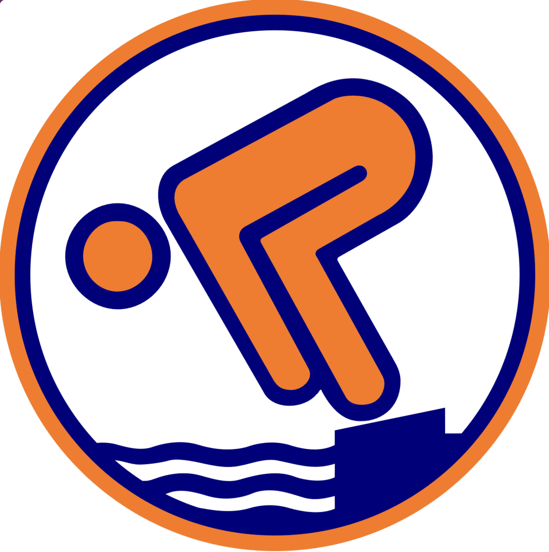 Siluette einer Person, die sich kopfüber ins Wasser stürzt, umrandet von einem kreisförmigen Logo.